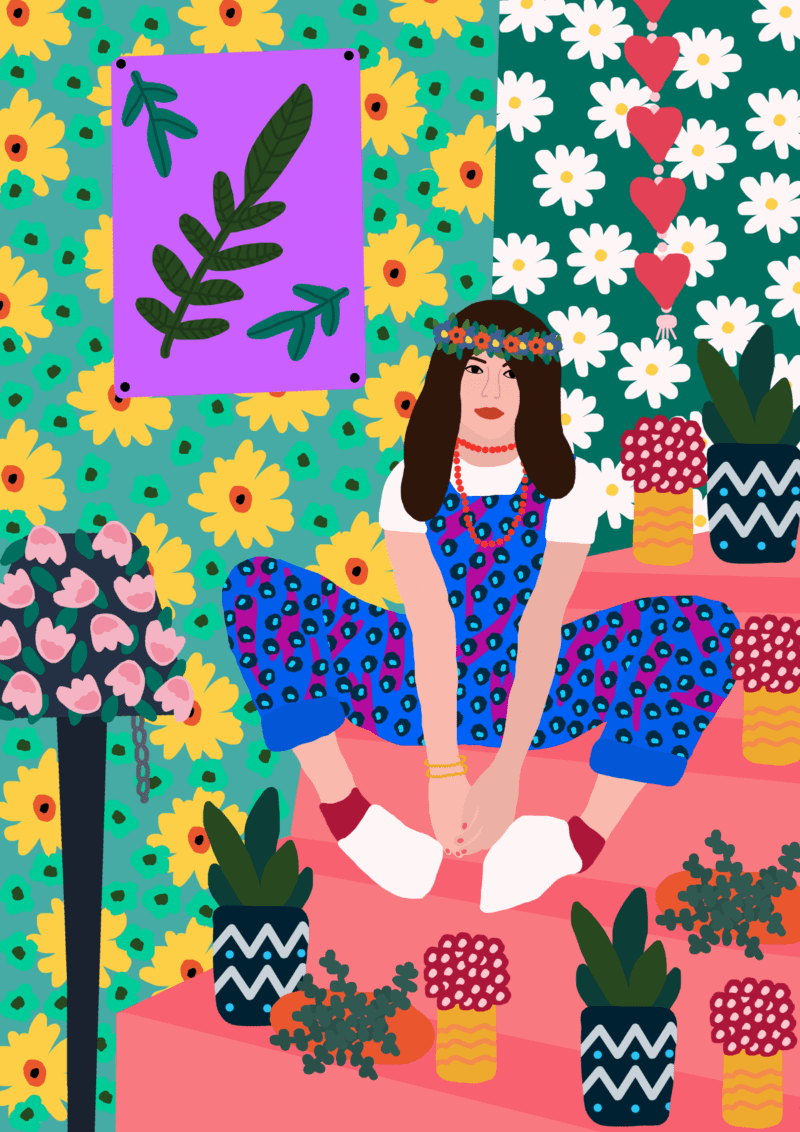 An illustration of a girl sitting on the steps to a building surrounded by flowers