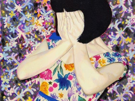 An illustration of a young girl wearing a floral dress as she covers her face and stands i