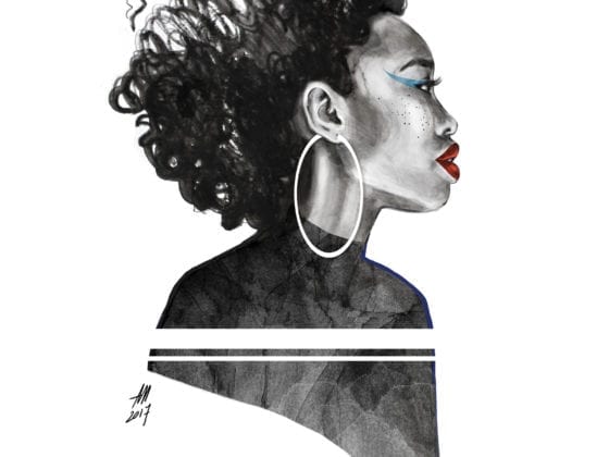 An illustration of the side profile of a black woman in white and black with red lipstick