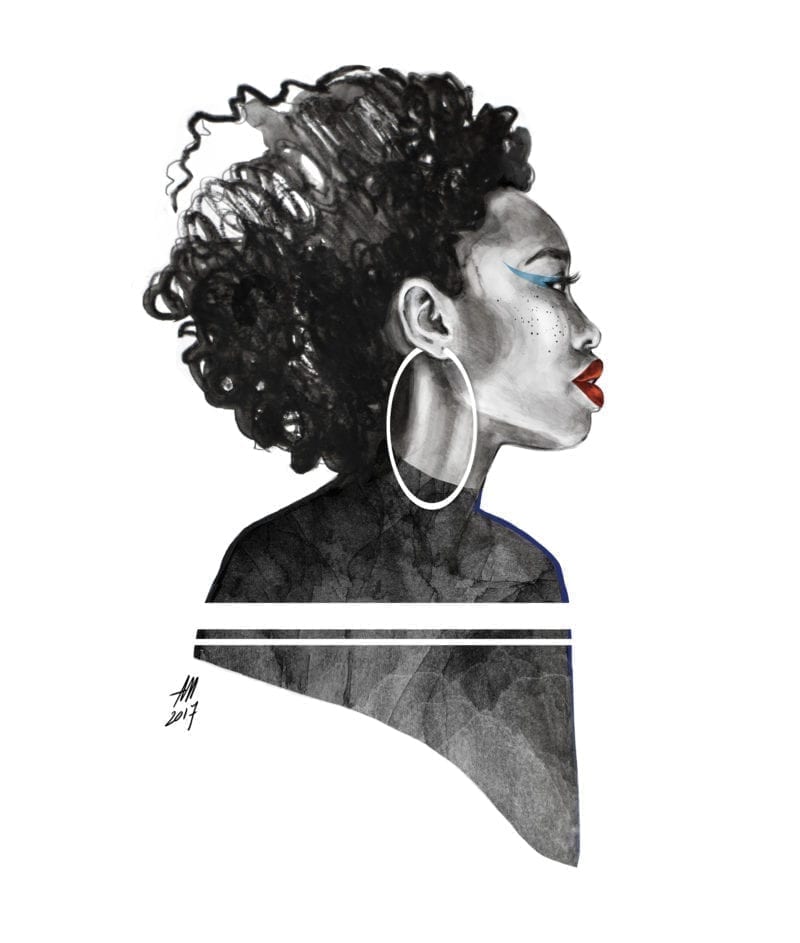 An illustration of the side profile of a black woman in white and black with red lipstick