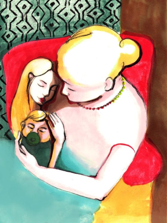 An illustration of a mother holding her daughter and her newborn son