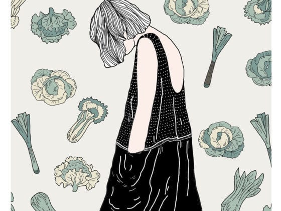 An illustration of a downcast girl with her hands in her pockets as she looks down with a vegetable wallpaper in the background