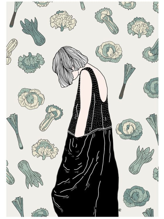 An illustration of a downcast girl with her hands in her pockets as she looks down with a vegetable wallpaper in the background