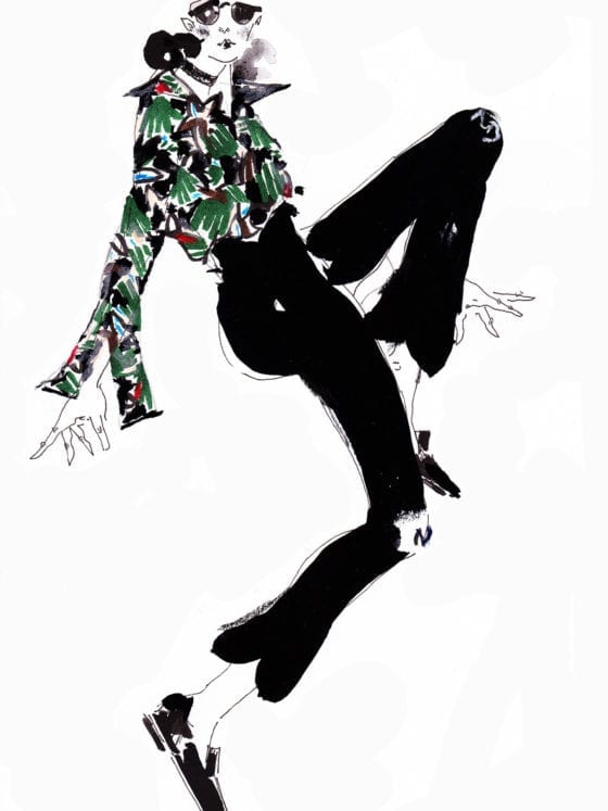 An illustration of a woman prancing in a fashionable outfit