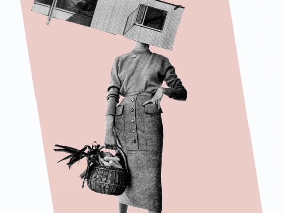 A graphic of a woman's silhouette with a house in place of where her head would be. She is holding a basket of fruit.