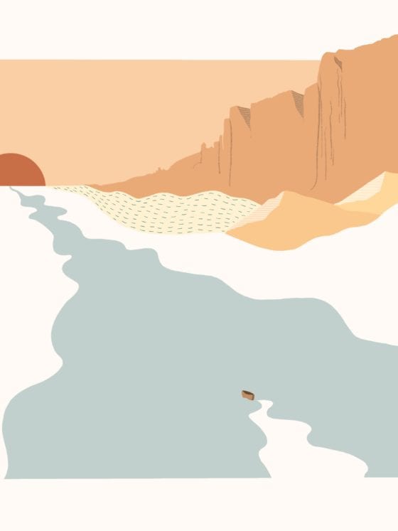An illustration of a sun setting near water and mountains