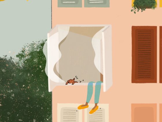 An illustration of a woman with her feet hanging out her window