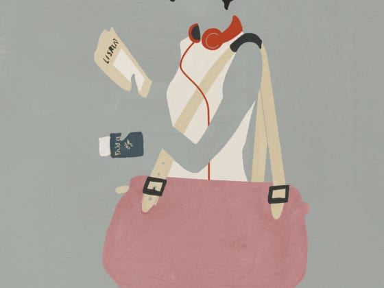 A woman with a passport and a shoulder travel bag