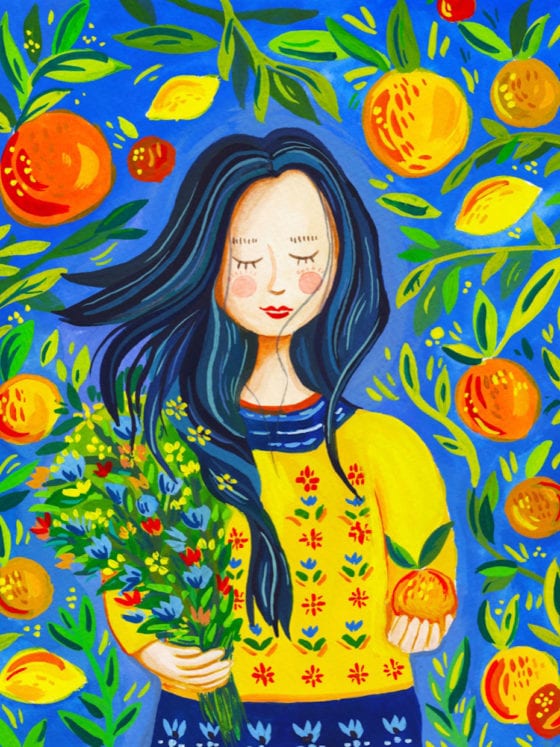 An illustration of a girl surrounded by plants as she hold flowers