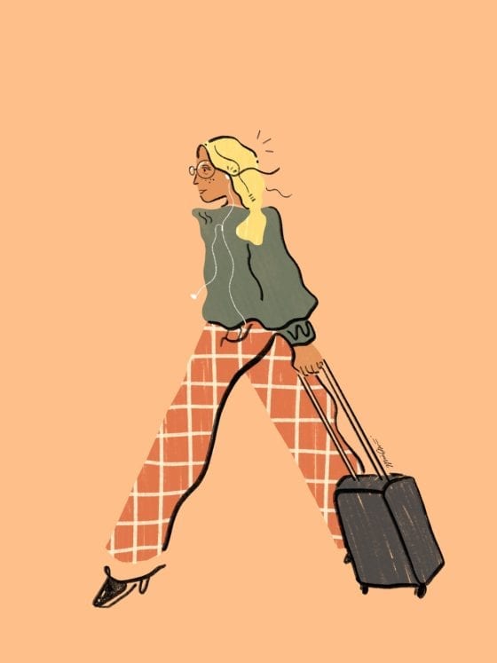 An illustration of a woman walking with a roller luggage bag