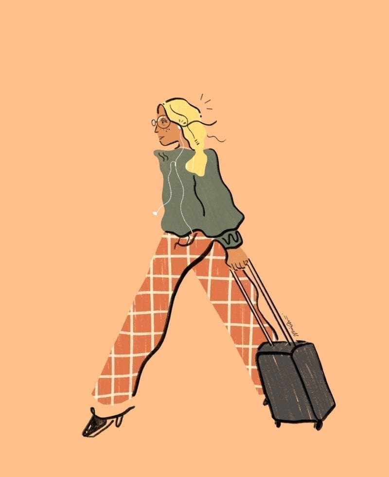 An illustration of a woman walking with a roller luggage bag