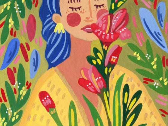 An illustration of a brown woman with dark hair smelling flowers with a floral background