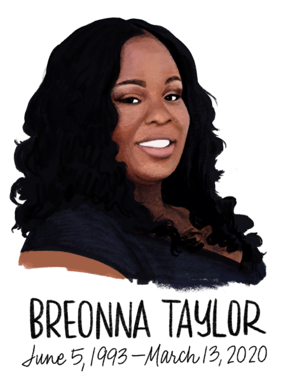 An illustration of a smiling woman with her name "Breonna Taylor June 5, 1993 to March 3, 2020" written below it