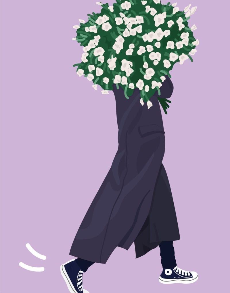 An illustration of a woman carrying flowers