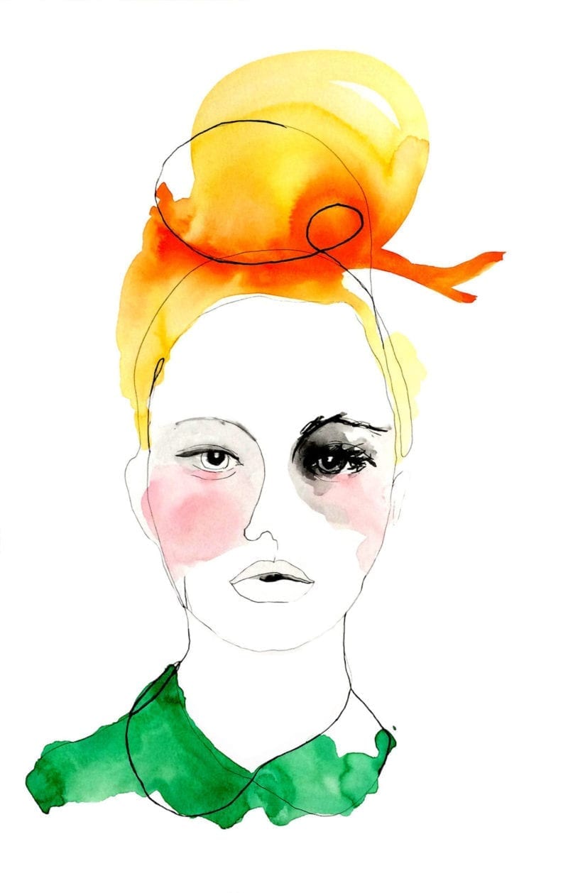 An illustration of a blonde woman with her hair in a top bun and tied with a bow
