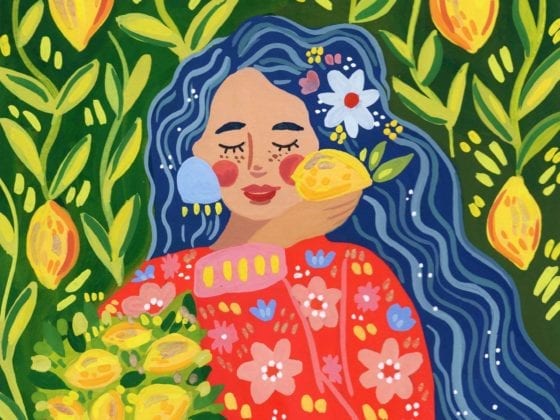 An illustration of a woman with long dark hair holding a basket of lemons