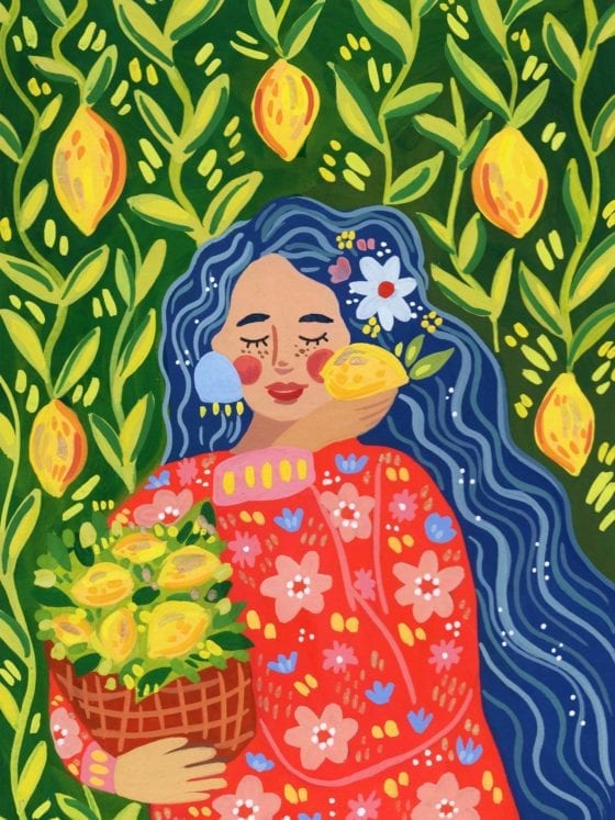 An illustration of a woman with long dark hair holding a basket of lemons