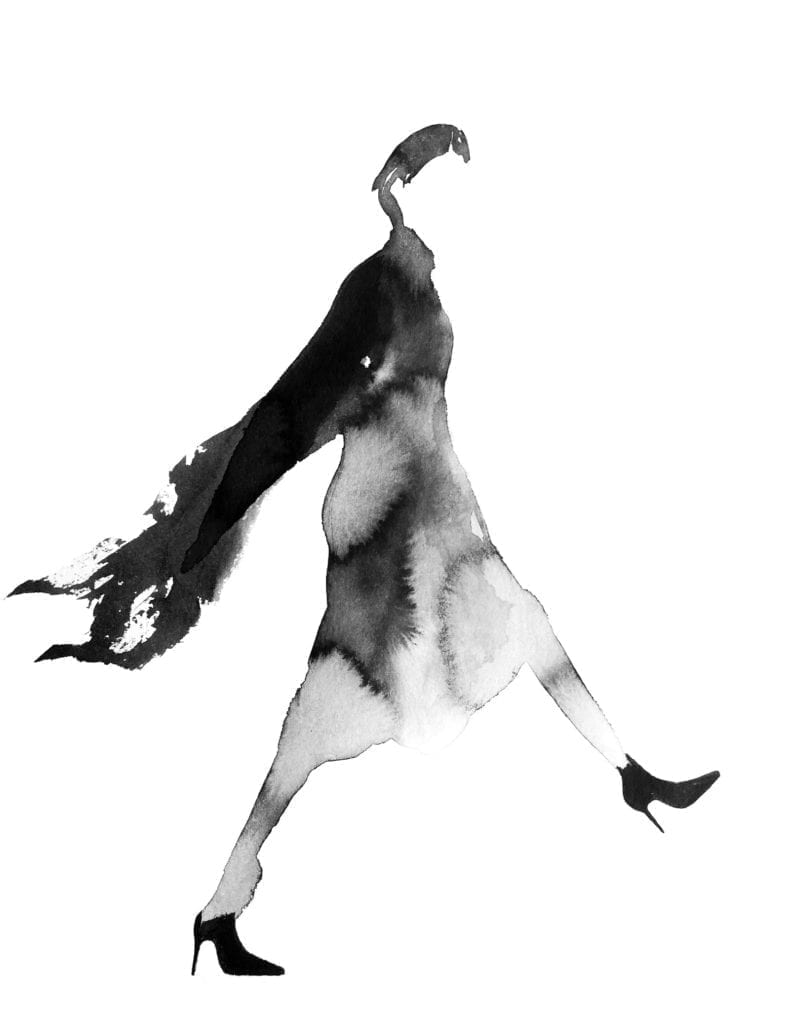 An illustration of a woman's silhouette with her shaw blowing in the wind