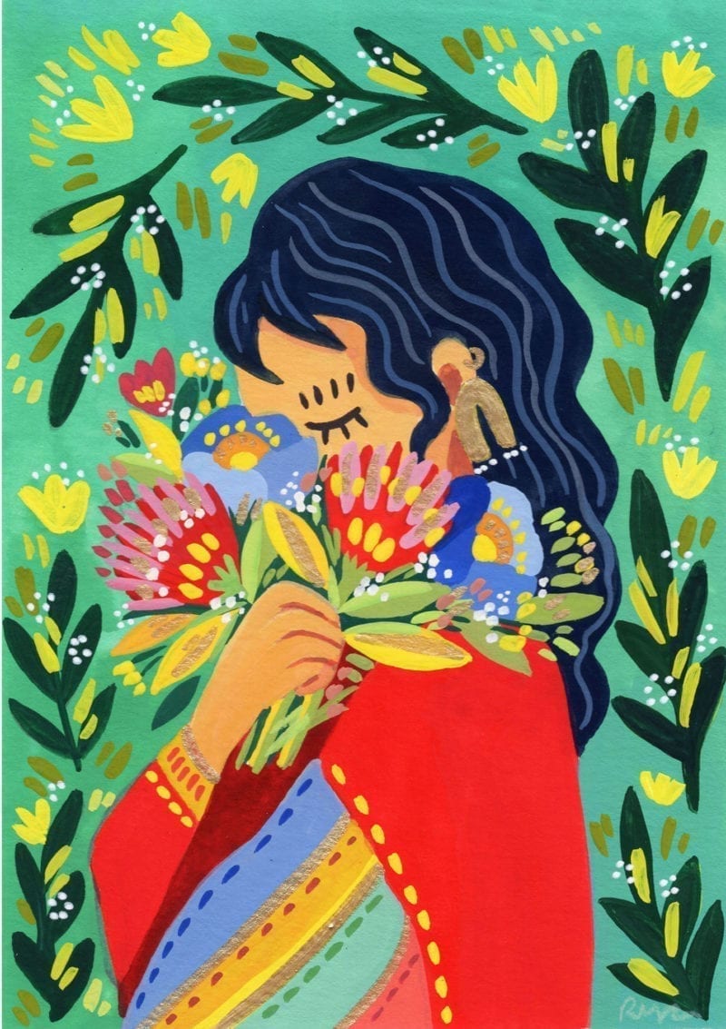 An illustration of a woman holding a bouquet of flowers that covers her face