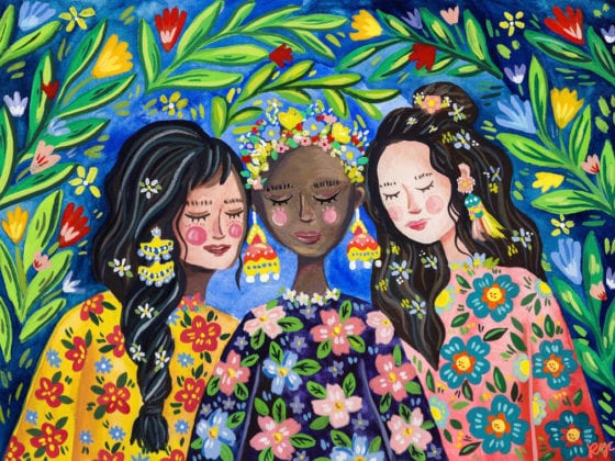 An illustration of three women in a garden